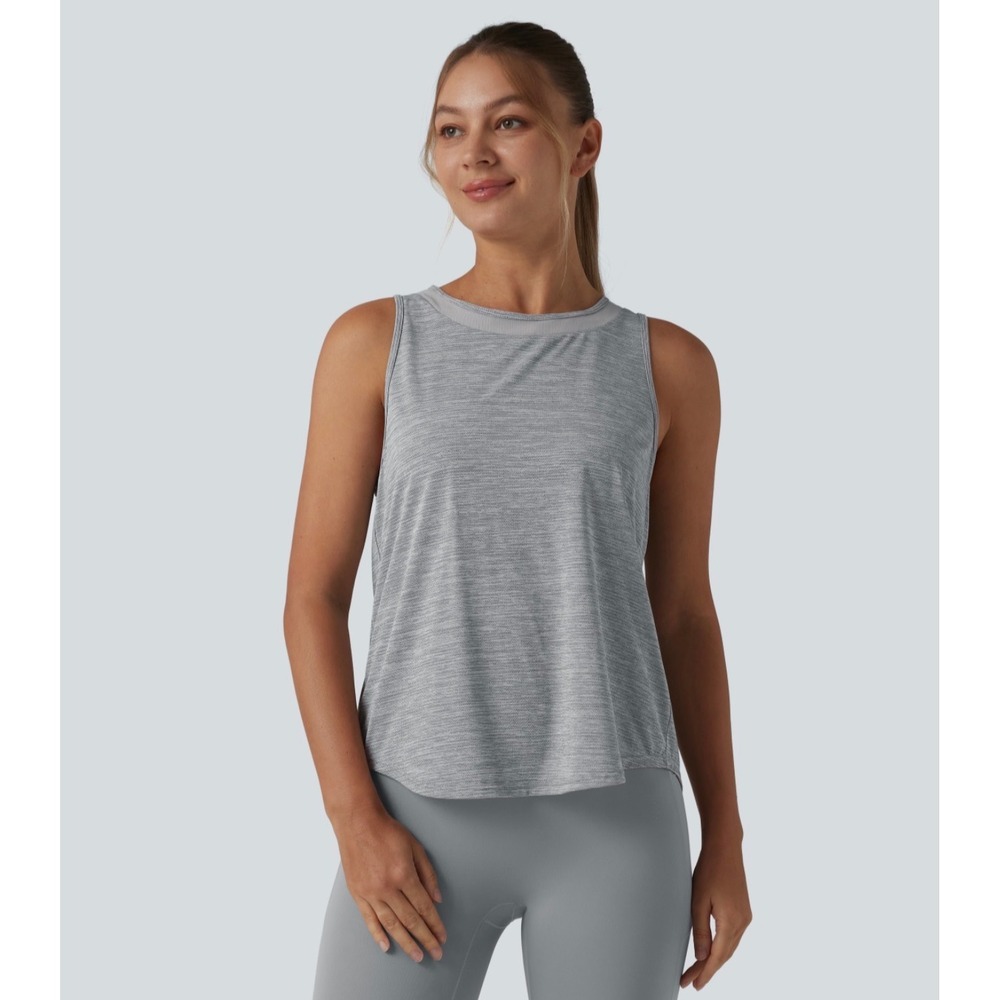 NWT Halara Womens XL Grey Mesh Back Pleated Activewear Tank Top Curved Hem Yoga